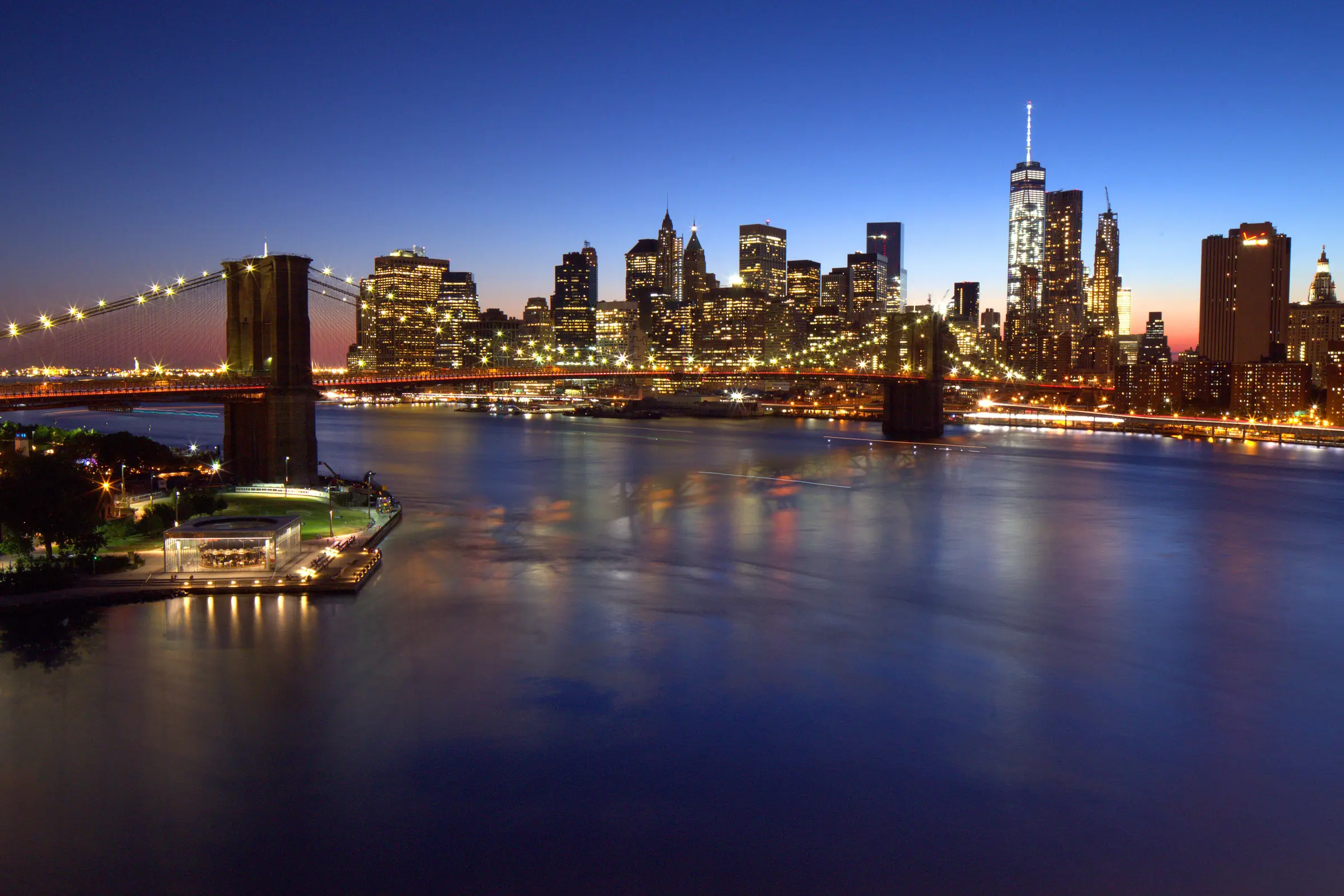 Brooklyn Bridge and Lower Manhattan at blue hour, New York City