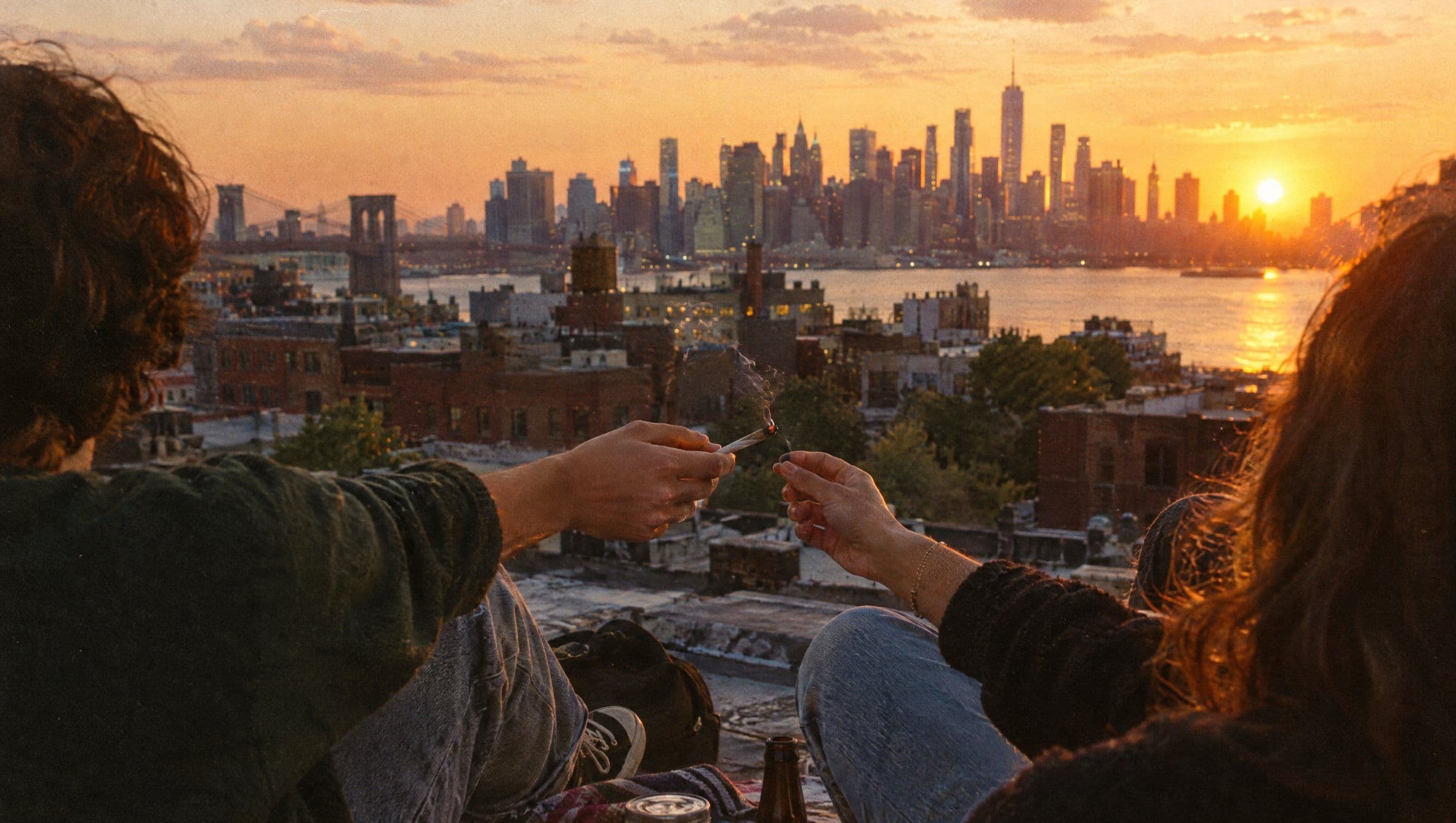 Friends passing a joint on a Brooklyn rooftop at sunset with the Manhattan skyline