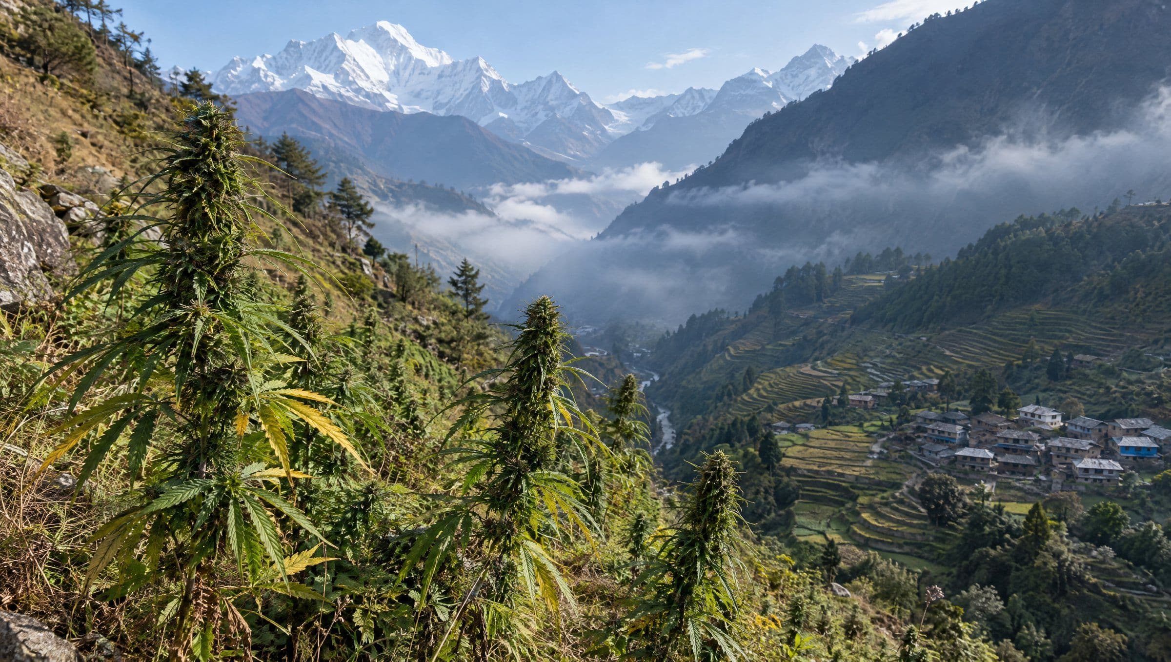 Wild cannabis plants on a Himalayan mountain slope above a misty valley