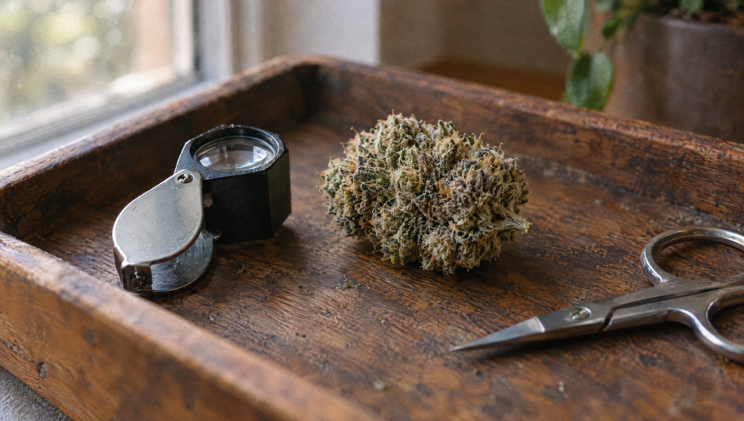 A jeweler's loupe next to a cannabis bud on a wooden tray