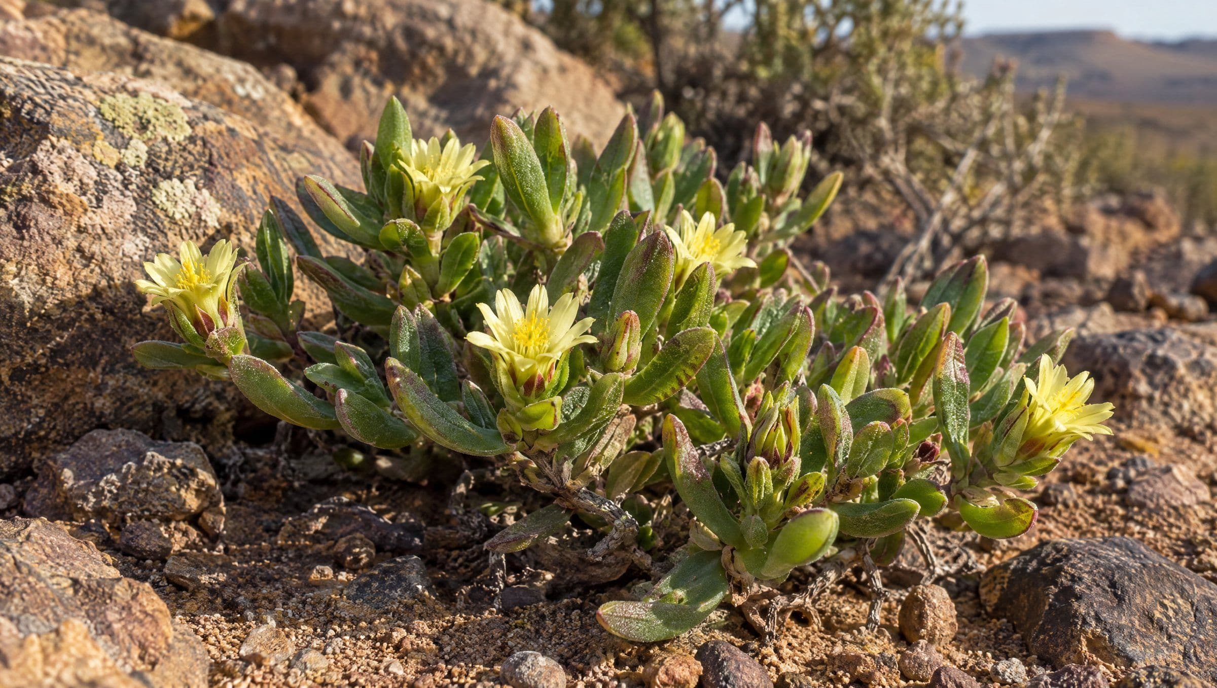 Kanna (Sceletium tortuosum) with yellow flowers growing among rocks in the Karoo