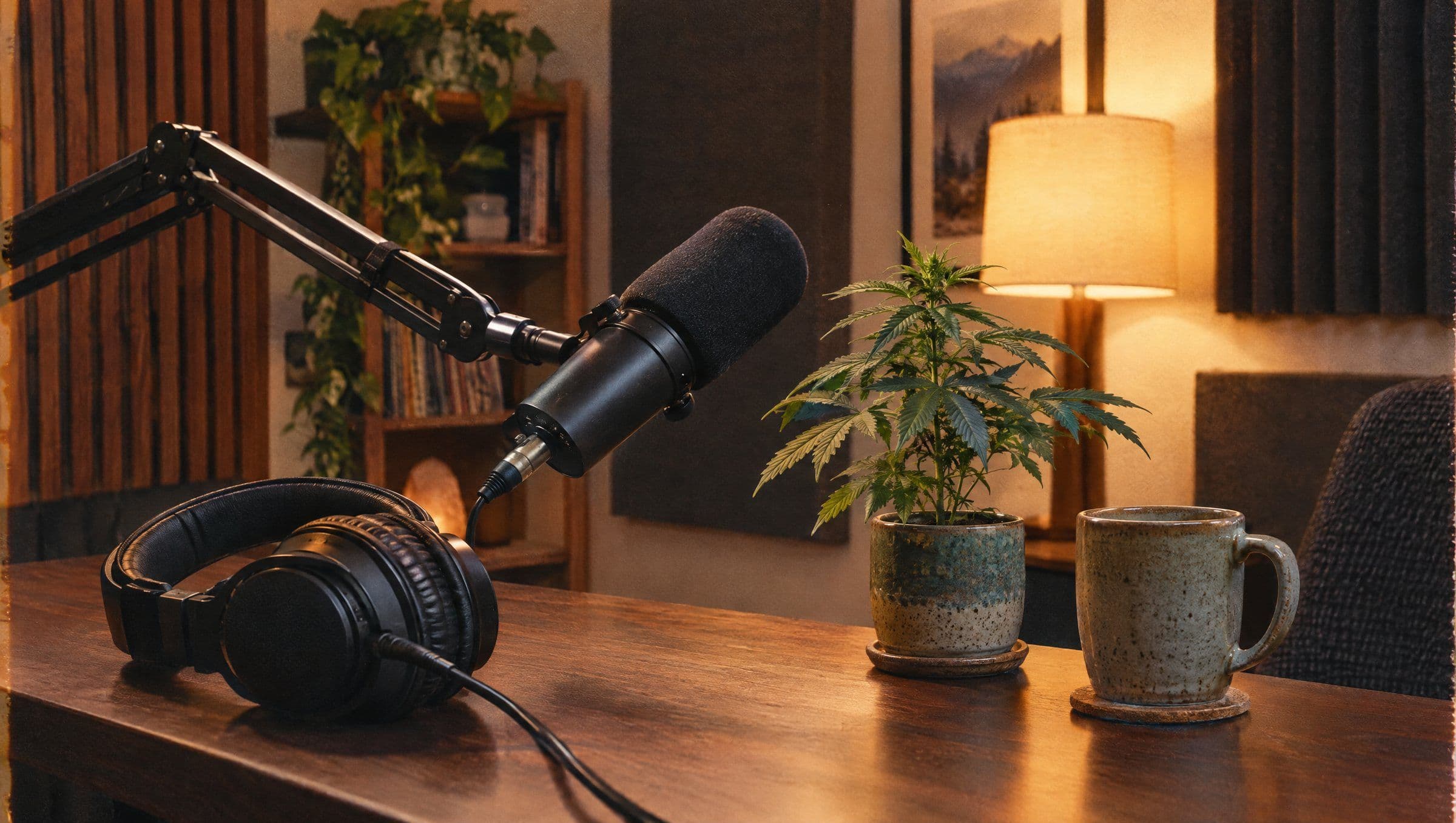 Podcast microphone and headphones on a desk beside a small cannabis plant