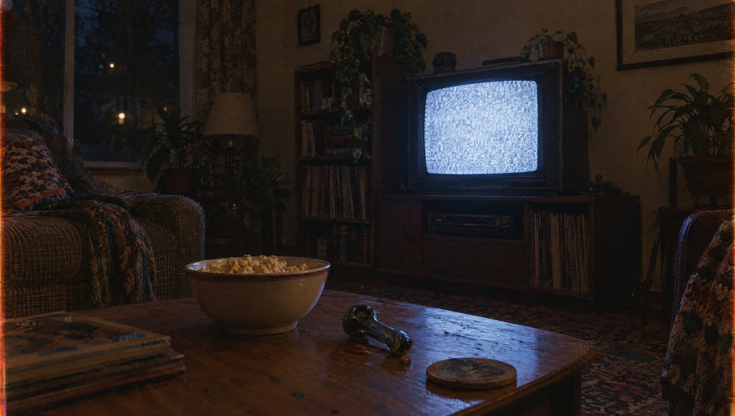 Living room lit by an old TV showing static, with popcorn and a pipe on the coffee table