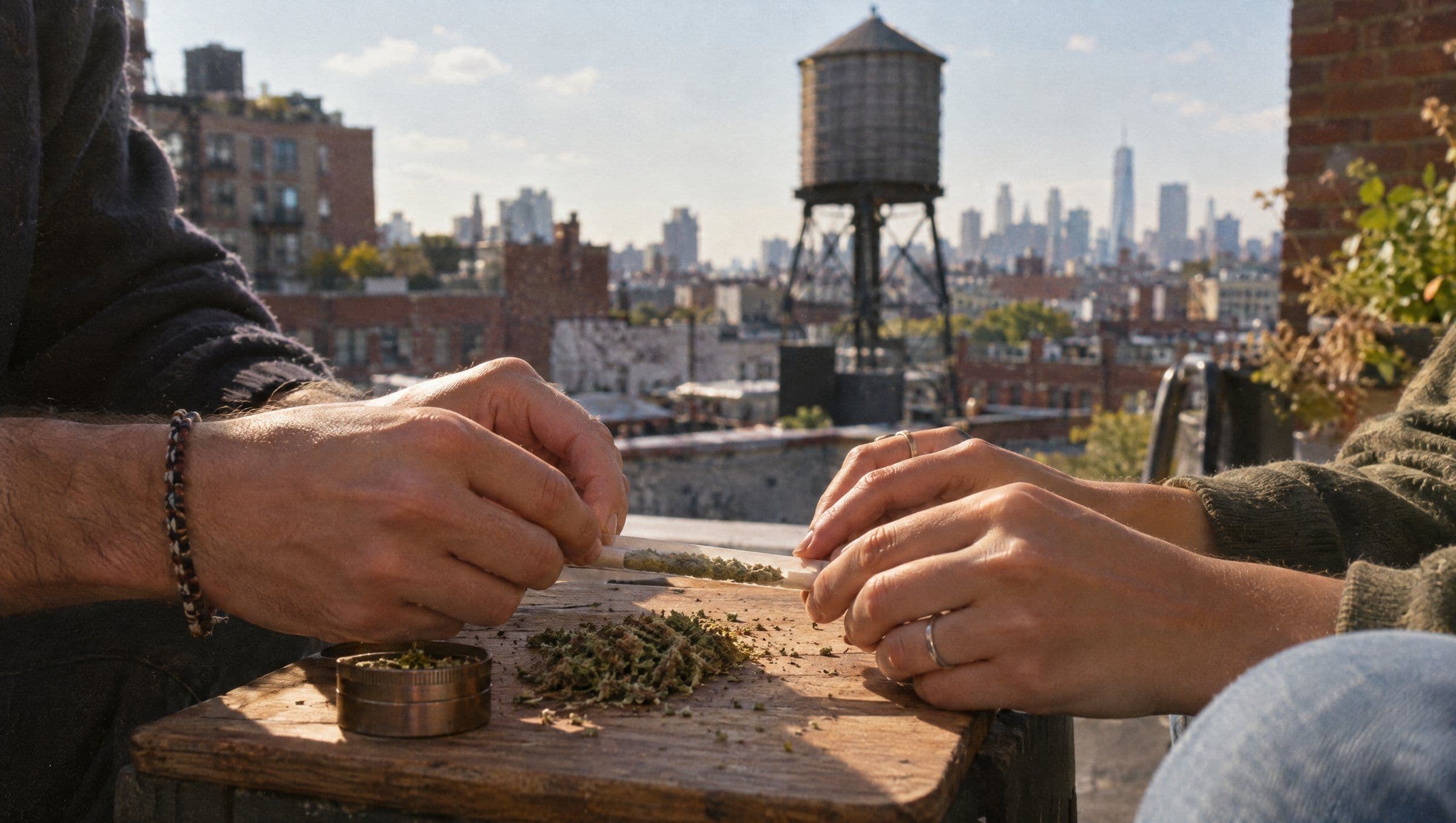 Hands rolling a joint on a Brooklyn rooftop with a water tower behind