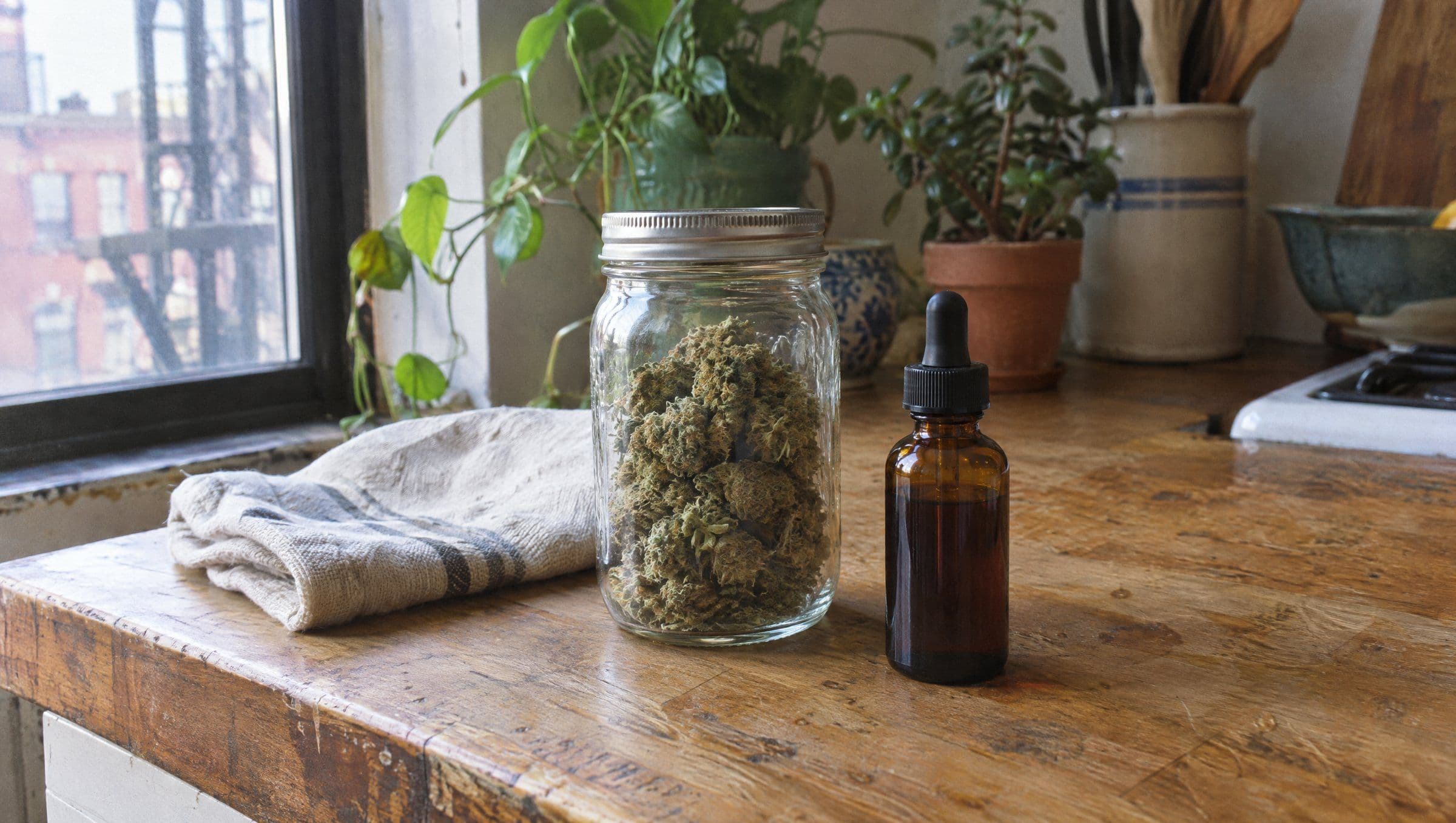 Jar of cannabis flower and a dropper bottle of homemade tincture on a kitchen counter